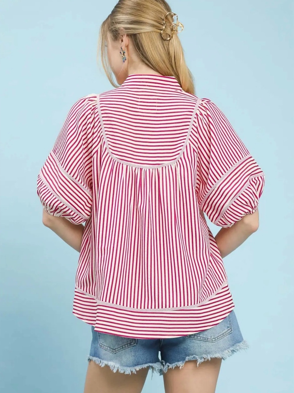 Umgee Striped Puff Sleeve Babydoll Top - Picture 4 of 6